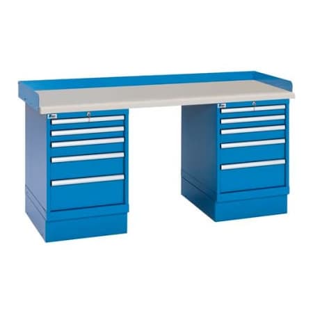 Lista International Industrial Workbench w/5 Drawer Cabinets, Plastic Laminate Top - Blue XSWB63-72PT/BB